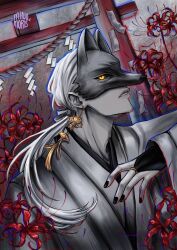  1boy adam's_apple black_nails black_sclera colored_sclera earrings flower fox_mask fox_mask_(silent_hill) hair_over_shoulder hashtag-only_commentary highres japanese_clothes jewelry long_hair low_ponytail male_focus mask minomoris nail_polish parted_lips ponytail portrait red_flower robe silent_hill_(series) silent_hill_f single_earring slit_pupils solo spider_lily tassel tassel_earrings white_hair white_robe yellow_eyes 