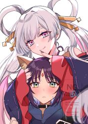  2girls black_choker blue_hoodie blue_kimono blush cho_kaguya-hime! choker closed_mouth colored_inner_hair commentary_request facial_mark finger_to_mouth fingernails forehead_mark frown green_eyes grey_eyes hair_ornament hair_rings hair_stick highres hood hood_down hoodie japanese_clothes kimono long_hair looking_at_viewer multicolored_hair multiple_girls pink_hair purple_hair purple_kimono purple_nails raised_inner_eyebrows runami_yachiyo sakayori_iroha sango_(sango3_3) shushing simple_background smile twintails watermark white_background white_hair 