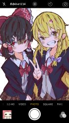  3girls absurdres alternate_costume black_jacket blonde_hair bow bowtie braid brown_hair brown_skirt collared_shirt commentary contemporary deburi276 fake_phone_screenshot fake_screenshot frilled_bow frilled_hair_tubes frills grin hair_bow hair_tubes hakurei_reimu highres houraisan_kaguya jacket kirisame_marisa long_hair long_sleeves looking_at_viewer loose_bowtie multiple_girls no_headwear open_clothes open_jacket plaid_clothes plaid_skirt purple_bow red_bow red_bowtie red_eyes school_uniform shirt side_braid single_braid sketch skirt smile touhou twitter_username v white_shirt yellow_eyes 