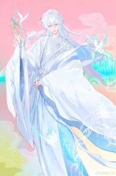  1boy absurdres becoming_a_god_in_the_zerg_world_by_livestreaming_bl_novels bird blue_butterfly bug butterfly china_dress chinese_clothes cowboy_shot dress grey_hair hair_between_eyes hanfu highres long_sleeves looking_at_viewer male_focus shi_cunjin solo weibo_7671467435 white_bird white_hair white_hanfu wide_sleeves 