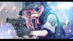  1girl abstract_background absurdres black_vest bulletproof_vest commentary_request finger_on_trigger germany gloves goggles green_eyes grey_gloves grey_hat gun h&amp;k_mp5 hair_between_eyes handgun hat headphones highres holding holding_gun holding_weapon iwasawayuki letterboxed long_hair looking_at_viewer microphone open_mouth original pink_hair police police_uniform rain scope short_sleeves sidelocks solo submachine_gun upper_body vest walther_ppq weapon 