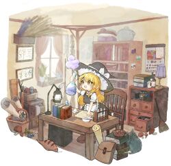  1girl apron birdcage black_hat blonde_hair book bookshelf bottle bow braid broom cabinet cage chair character_doll commentary_request deformed desk_lamp diorama doll erlenmeyer_flask flask hair_bow hat hat_bow highres holding holding_bottle holding_flask indoors kirisame_marisa lamp long_hair mini-hakkero molmaron mushroom open_mouth plant potted_plant procreate_(medium) puffy_short_sleeves puffy_sleeves shelf short_sleeves single_braid solo table test_tube test_tube_rack touhou tsuchinoko tsuchinoko_(touhou) white_apron white_bow window witch_hat wooden_floor yellow_eyes 