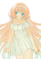  1990s_(style) 1girl :o absurdres alternate_costume alternate_eye_color aqua_hair bare_shoulders blue_eyes blush breasts collarbone commentary_request cowboy_shot dress expressionless faux_retro_artstyle floating_clothes floating_hair hair_ribbon head_tilt headband highres kojo_ichi long_hair looking_at_viewer multicolored_hair nijisanji off-shoulder_dress off_shoulder orange_hair parted_lips petite puffy_short_sleeves puffy_sleeves retro_artstyle ribbon see-through_clothes see-through_sleeves short_dress short_sleeves simple_background small_breasts solo suo_sango tareme two-tone_hair very_long_hair virtual_youtuber white_background white_dress white_headband white_ribbon 