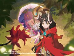  2026 2girls black_claws black_hair brown_horns closed_mouth commentary_request copyright_notice curly_hair dress duel_masters fiona_(duel_masters) forest from_above gloves hair_ornament hair_over_eyes holding holding_umbrella horns long_hair mowachichi multiple_girls nature official_art open_clothes open_mouth open_robe outdoors pink_hair pointy_ears purinpurin_(duel_masters) red_robe robe third_eye triclops umbrella yellow_eyes 