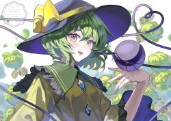  1girl commentary_request flower green_eyes green_flower green_hair green_rose hair_between_eyes hand_up hat highres komeiji_koishi long_sleeves parted_lips pechika_01 rose shirt short_hair smile solo teeth third_eye touhou twitter_username upper_body upper_teeth_only watermark yellow_shirt 