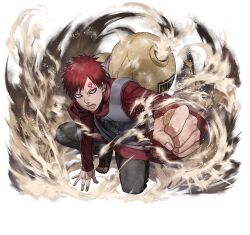  1boy black_pants clenched_hand forehead_tattoo gaara_(naruto) green_eyes jacket looking_at_viewer lower_teeth_only naruto_(series) naruto_shippuuden:_ultimate_ninja_blazing official_art open_mouth pants red_hair red_jacket short_hair solo squatting tattoo teeth 