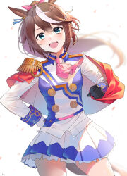  1girl absurdres animal_ears arjent ascot asymmetrical_gloves black_gloves blue_eyes blush bow breasts brown_hair buttons cape commentary double-breasted ear_ribbon epaulettes gloves hair_between_eyes high_ponytail highres horse_ears horse_girl horse_tail jacket long_hair long_sleeves looking_at_viewer mismatched_gloves multicolored_hair multicolored_jacket open_mouth pink_ascot ponytail red_cape single_epaulette skirt small_breasts smile solo streaked_hair tail teeth tokai_teio_(peak_joy)_(umamusume) tokai_teio_(umamusume) two-tone_hair two-tone_jacket two-tone_skirt umamusume untranslatable_commentary white_gloves white_hair white_jacket white_skirt 