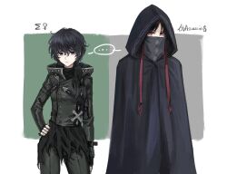  ... 1boy 1girl baixiang1234567 black_cape black_eyes black_gloves black_hair black_jacket black_pants black_scarf cape character_name closed_mouth commentary_request covered_mouth expressionless fate/strange_fake fate_(series) fingerless_gloves genderswap genderswap_(ftm) genderswap_(mtf) gloves hair_between_eyes hand_on_own_hip highres hood hood_up hooded_cape hooded_jacket jacket long_sleeves looking_at_viewer mouth_veil no_name_assassin_(fate) pants red_eyes scarf short_hair sigma_(fate) torn_clothes torn_scarf veil wavy_hair 
