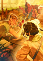  1boy 2boys 2girls ^_^ abs absurdres alcohol black_hair black_jacket blurry blurry_background bottle bracelet brown_hair china_dress chinese_clothes chun-li closed_eyes commentary_request cup dark-skinned_male dark_skin double_bun dress drinking_glass drunk earrings hair_bun headphones highres holding holding_bottle holding_cup holding_removed_eyewear indoors jacket jamie_siu jewelry laughing leaning_to_the_side li-fen long_hair multiple_boys multiple_girls muscular muscular_male necklace open_clothes open_jacket open_mouth orange-tinted_eyewear orange_jacket pectorals plant red-tinted_eyewear shirt short_hair short_sleeves sitting smile street_fighter street_fighter_6 sunglasses sunlight sweater table takai_misa teeth tinted_eyewear turtleneck unworn_eyewear upper_body waving wine wine_bottle wine_glass yellow_jacket 