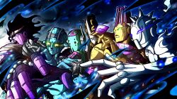  6+others absurdres black_hair blue_eyes blue_skin colored_skin diver_down_(stand) english_commentary fingerless_gloves fingernails foo_fighters_(stand) gloves green-framed_eyewear green-tinted_eyewear green_eyes green_skin highres jojo_no_kimyou_na_bouken kiss_(stand) multiple_others noonvincent open_mouth parted_lips purple_skin spikes stand_(jojo) star_platinum sticker stone_free stone_ocean teeth tinted_eyewear violet_eyes weather_report_(stand) white_skin yellow_skin 