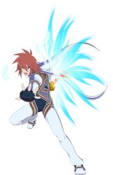  1boy artist_request black_gloves blue_coat blue_wings bodysuit brown_eyes coat energy_wings fighting_stance fingerless_gloves fire flaming_sword flaming_weapon full_body game_cg gloves highres holding holding_sword holding_weapon kratos_aurion kratos_aurion_(judgment) looking_at_viewer medium_hair official_alternate_costume official_art open_mouth pants red_hair sheath shoes solo spiky_hair standing standing_on_one_leg sword tales_of_(series) tales_of_asteria tales_of_symphonia third-party_source transparent_background weapon white_coat white_shoes wings 