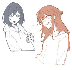  2girls black_hair blush braid brown_hair chocolate commentary greyscale grin half_up_braid highres hood hoodie long_hair looking_at_another miyagi_shiori monochrome mouth_hold multiple_girls oki_jerry_dori sendai_hazuki short_hair shuuniichido_classmate_wo_kau_hanashi smile spot_color untranslatable_commentary yuri 