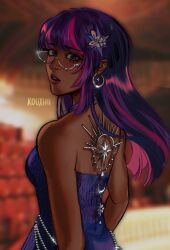  1girl aegyo_sal alternate_skin_color arms_at_sides backless_dress backless_outfit bare_arms bare_shoulders black_hair blunt_bangs blunt_ends blurry blurry_background blush breasts brown_background choker commentary dark-skinned_female dark_skin dress earrings english_commentary eyelashes flower from_behind glasses grey-framed_eyewear hair_flower hair_ornament highres hoop_earrings indoors jewelry kouxhii lips long_hair looking_at_viewer looking_back multicolored_hair my_little_pony my_little_pony:_equestria_girls my_little_pony:_friendship_is_magic open_mouth pink_hair purple_choker purple_dress purple_hair realistic round_eyewear sci-twi semi-rimless_eyewear sidelocks silver_earrings small_breasts solo sparkle_earrings star_(symbol) star_hair_ornament straight_hair strapless strapless_dress streaked_hair teeth thick_eyebrows tsurime twilight_sparkle twitter_username upper_body upper_teeth_only violet_eyes white_flower 