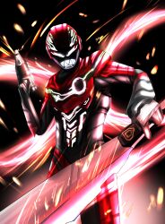  1boy absurdres armor armored_bodysuit black_bodysuit bodysuit character_mask chou_uchuu_keiji_gavan_infinity combat_helmet commentary_request ddop_(gfga7577) dual_wielding eye_mask full_armor gavan_infinity glowing glowing_eyes gun helmet highres holding holding_gun holding_sword holding_weapon looking_at_viewer male_focus mask red_armor red_bodysuit red_helmet science_fiction solo sword tokusatsu upper_body weapon 
