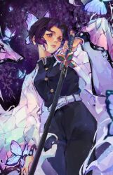  1girl belt black_hair bug butterfly butterfly_hair_ornament closed_mouth commentary cowboy_shot demon_slayer_uniform english_commentary hair_bun hair_ornament haori holding holding_sword holding_weapon japanese_clothes jeunny kimetsu_no_yaiba kochou_shinobu looking_to_the_side purple_hair sidelocks solo sword violet_eyes weapon white_belt 
