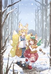  2girls ^_^ animal_ear_fluff animal_ear_piercing animal_ears animal_hat bag bare_tree blonde_hair blue_shoes blue_sky blue_tabard brown_bag brown_hair cat_ears cat_girl cat_tail chen closed_eyes collar commentary_request crossed_bangs double-parted_bangs dress earrings floating_hair fog fox_girl fox_tail frilled_collar frilled_skirt frills green_hat groceries grocery_bag hands_in_opposite_sleeves hat highres holding holding_bag jewelry kitsune leg_up long_sleeves mob_cap molmaron multiple_girls multiple_tails ofuda open_mouth outdoors purple_collar purple_trim red_shoes red_skirt red_vest shirt shoes shopping_bag short_hair single_earring skirt sky smile snow snowing socks tabard tail touhou tree twitter_username two_tails vest walking white_dress white_hat white_shirt white_socks wide_sleeves winter yakumo_ran yellow_eyes 