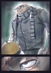  1boy 1other absurdres bald black_jacket black_pants chameleon_ch clenched_hands despicable_me green_eyes gru_(despicable_me) highres jacket jujutsu_kaisen long_nose long_sleeves minion_(despicable_me) pants parody scarf scene_reference striped_clothes striped_scarf zipper zipper_pull_tab 