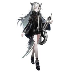  1girl animal_ears arknights bare_legs black_jacket black_nails black_shoes black_shorts crossed_legs cube fingerless_gloves floating floating_object full_body gloves grey_eyes grey_gloves grey_hair hair_between_eyes hair_ornament hairclip high_collar huanxiang_heitu jacket katana lappland_(arknights) long_hair long_sleeves looking_at_viewer material_growth nail_polish official_art oripathy_lesion_(arknights) scar scar_across_eye scar_on_face shoes short_shorts shorts smile solo standing sword tail thighs third-party_source transparent_background very_long_hair watson_cross weapon white_hair wide_sleeves wolf_ears wolf_girl wolf_tail 