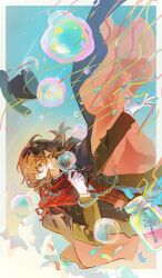  1003x 1boy absurdres arm_up black_capelet black_hat border bottle broken_handcuffs brown_eyes brown_hair bubble capelet chinese_commentary coat commentary_request confetti cuffs floating_hair floating_hat gloves hair_between_eyes handcuff_dangle handcuffs hat highres holding jacket key klein_moretti long_sleeves lord_of_the_mysteries male_focus medium_hair merlin_hermes midair outside_border red_scarf red_vest scarf shirt sky smile solo top_hat unworn_hat unworn_headwear upper_body vest white_border white_gloves white_shirt 