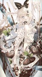  1girl apron artist_name black_bow blue_eyes bow bowtie cake cake_slice candy chocolate chocolate_bar chocolate_cake closed_mouth commentary_request cookie dress english_text floating_hair food frilled_apron frilled_bow frilled_dress frilled_gloves frilled_sailor_collar frilled_skirt frilled_sleeves frills gloves green_eyes grey_hair hair_bow hair_ornament heart heart-shaped_chocolate heart-shaped_cookie heart-shaped_food heart_hair_ornament heterochromia highres lapels leaf long_hair majamari mint original pantyhose plaid_clothes plaid_shirt plaid_skirt plaid_socks sailor_collar shirt signature sitting skirt socks solo spork two-tone_bow two-tone_bowtie white_hair white_pantyhose 