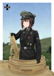  1girl absurdres belt black_belt black_gloves black_hat black_jacket blurry blurry_background brown_eyes brown_hair cable collar_tabs commentary_request cross cuff_title emblem girls_und_panzer gloves grey_shirt hat hat_ornament hatch headphones highres iron_cross jacket kuromorimine_(emblem) medal military military_hat military_jacket military_uniform military_vehicle motor_vehicle nazi nishizumi_maho peaked_cap plain reichsadler shirt short_hair shoulder_boards siegrunen skull_and_crossbones skull_hat_ornament sky soldier solo solo_focus ss_insignia tank throat_microphone tiger_i totenkopf user_pjza2387 village waffen-ss wehrmacht world_war_ii 