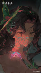  1girl absurdres brown_eyes brown_hair bug butterfly butterfly_hair_ornament copyright_name copyright_notice dark dark_background face_chain hair_ornament highres logo long_hair looking_at_viewer official_alternate_costume official_art official_wallpaper outstretched_arm outstretched_hand parted_bangs portrait purple_butterfly reverse:1999 solo tooth_fairy_(reverse:1999) 