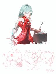  2girls absurdres anger_vein bare_shoulders black_pantyhose black_skirt bow breasts chinese_commentary chocolate_making coloki commentary_request dated detached_sleeves dress earrings female_rover_(wuthering_waves) flying_sweatdrops grey_eyes grey_hair hair_bow hair_over_one_eye halter_dress halterneck hand_up highres jewelry long_hair looking_at_viewer medium_breasts multiple_girls pantyhose phrolova_(wuthering_waves) red_dress rover_(wuthering_waves) simple_background single_detached_sleeve skirt white_background wuthering_waves 