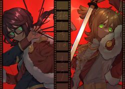  2girls :| absurdres ageharuuu aiguillette arm_up arrow_(projectile) badge belt belt_buckle black-framed_eyewear blonde_hair blue_jacket bow_(weapon) buckle chromatic_aberration closed_mouth commentary_request covered_mouth daiba_nana epaulettes film_strip film_strip_border fingernails flipped_bangs floating floating_hair floating_object fur-trimmed_jacket fur_trim glasses glowing glowing_eyes green_eyes green_ribbon grey_jacket hair_between_eyes hair_ribbon hand_on_blade hand_up highres holding holding_arrow holding_sword holding_weapon hoshimi_junna jacket jacket_on_shoulders katana long_hair long_sleeves looking_at_viewer looking_to_the_side low_ponytail multiple_girls ponytail purple_hair red_background red_jacket red_sash red_theme ribbon sash short_hair shoujo_kageki_revue_starlight shoulder_sash sidelocks sparkle_background split_theme star_(symbol) sword translation_request two_side_up upper_body weapon yellow_belt yellow_trim 