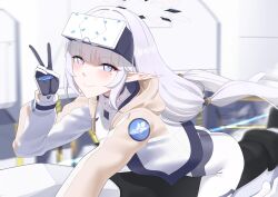  1girl absurdres black_halo blue_archive blush bodysuit closed_mouth commentary from_side gloves halo head-mounted_display highres himari_(armed)_(blue_archive) himari_(blue_archive) jacket long_hair looking_at_viewer looking_to_the_side mole mole_under_eye multicolored_halo necropoi open_clothes open_jacket pointy_ears smile solo two-tone_halo v very_long_hair violet_eyes white_bodysuit white_hair white_halo 