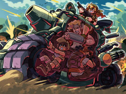  2boys 2girls ammunition backpack bag bandana baseball_cap blonde_hair boots brown_hair bullet_hole cannon caterpillar_tracks clouds commentary cut-away driving dust_cloud english_commentary explosion explosive fio_germi firing gatling_gun glasses gloves gun hat headband highres holding holding_gun holding_weapon kasamoto_eri knee_pads machine_gun marco_rossi metal_slug military military_uniform military_vehicle motor_vehicle multiple_boys multiple_girls navel open_mouth outdoors ponytail repairing rifle rocket_launcher round_eyewear shorts sky smile smoke snk submachine_gun sv001_(metal_slug) tank tank_top tarma_roving tina_fate vest weapon x-ray 