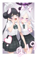  +_+ 2girls :d absurdres alternate_costume black_hair blue_archive bow bowtie braid bun_with_braided_base closed_mouth collared_shirt commentary dated demon_girl demon_horns double_bun drawn_ears drawn_whiskers green_bow green_bowtie green_skirt grey_eyes grey_halo hair_bun halo heart highres hina_(blue_archive) horns kisaki_(blue_archive) long_hair looking_at_viewer miniskirt multiple_girls open_mouth plaid_clothes plaid_skirt pleated_skirt purikura purple_halo purple_horns school_uniform shirt shizuki_eri short_sleeves skirt smile twintails v violet_eyes white_hair white_shirt 