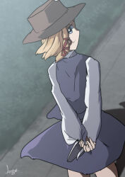  1girl arms_behind_back blonde_hair blue_eyes brown_hat closed_mouth clouds commentary_request eyeball_hat_ornament feet_out_of_frame floating_clothes floating_hair from_behind green_background hair_ribbon hat holding_sleeve kegya_(kagiya_hourai) long_sleeves looking_at_viewer looking_back moriya_suwako one-hour_drawing_challenge purple_skirt purple_vest red_ribbon ribbon shirt short_hair signature skirt solo split_mouth touhou vest white_shirt wide_sleeves 