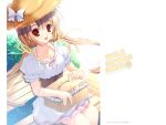  blonde_hair bow frills hat highres mikeou outdoors pink_chuchu red_eyes ribbon smile_summer_again straw_hat 