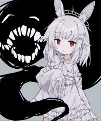  1girl absurdres animal_ear_fluff animal_ears arm_at_side bow closed_mouth commentary_request commission cowboy_shot dress fish_skeleton frilled_dress frilled_sleeves frills ghost ghost_tail hair_ornament halo hand_up highres long_sleeves looking_at_viewer original rabbit_ears red_eyes short_hair skeb_commission sleeves_past_fingers sleeves_past_wrists solo standing white_bow white_dress white_hair white_halo yadorii 
