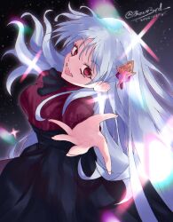  1girl absurdres breasts fate/strange_fake fate_(series) fillia_(fate) hair_ornament hashtag-only_commentary highres kevin3rd long_hair long_sleeves looking_at_viewer open_mouth red_eyes ribbon skirt solo white_hair 