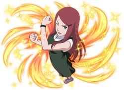  1girl boots clenched_hands dress from_above green_dress long_hair looking_at_viewer lower_teeth_only naruto_(series) naruto_shippuuden naruto_shippuuden:_ultimate_ninja_blazing official_art one_eye_closed open-toe_boots open_mouth purple_boots red_hair shirt short_sleeves sleeveless sleeveless_dress solo sparkle teeth uzumaki_kushina white_shirt 