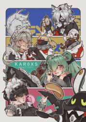  1boy 3girls alexandrina_sebastiane anastella_(zenless_zone_zero) animal_ears artist_name bangboo_(zenless_zone_zero) black_gloves black_hair black_vest blowing_bubble_gum butler_(zenless_zone_zero) chewing_gum colored_inner_hair commentary corin_wickes cuffs drusilla_(zenless_zone_zero) ellen_joe english_commentary expressionless fins fish_tail flipping_food food frying_pan gloves green_hair grey_hair grin hair_over_one_eye highres holding holding_own_tail holding_pocket_watch kar0xs looking_at_viewer maid maid_headdress mole mole_under_eye multicolored_hair multiple_girls pancake pocket_watch red_eyes red_hair red_nails screw_hair_ornament shark_girl shark_tail smile stuffed_animal stuffed_toy tail teddy_bear vest violet_eyes von_lycaon watch white_hair wolf_boy wolf_ears wolf_tail zenless_zone_zero zipper_pull_tab 