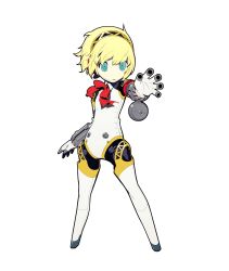  1girl absurdres aigis_(persona) android armband blonde_hair blue_eyes bow bowtie closed_mouth commentary drum_magazine english_commentary finger_cannon full_body hair_between_eyes hairband highres humanoid_robot joints lips looking_at_viewer magazine_(weapon) mechanical_arms mechanical_hands official_art oribe_hanako persona persona_3 persona_q:_shadow_of_the_labyrinth persona_q_(series) red_armband red_bow red_bowtie robot robot_ears robot_girl robot_joints s.e.e.s second-party_source short_hair solo standing white_background 