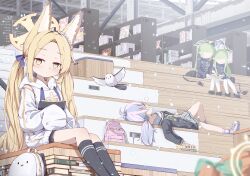  4girls absurdres alternate_costume alternate_hairstyle animal_ears backpack bag bird black_skirt black_socks blonde_hair blue_archive book book_stack bookshelf bright_pupils chalkboard closed_mouth commentary_request demon_tail detached_sleeves dot_mouth falling_petals fox_ears fox_girl gradient_eyes grey_skirt halo highres hikari_(blue_archive) hood hoodie indoors jitome kyouwashi library light_blush long-tailed_tit looking_at_viewer multicolored_eyes multiple_girls nozomi_(blue_archive) petals pleated_skirt pointy_ears reisa_(blue_archive) ribbed_socks seia_(blue_archive) siblings sitting skirt sleeves_past_fingers sleeves_past_wrists socks tail tit_(bird) twins twintails white_hoodie white_pupils yellow_eyes zipper 