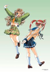  1990s_(style) 2girls arms_behind_back arms_up blue_eyes blue_skirt brown_hair brown_shoes company_name copyright_notice data_east doukoku_soshite... full_body gradient_background green_background green_eyes green_skirt hair_bobbles hair_ornament hatori_itsumi high-waist_skirt highres leaning_forward long_hair long_sleeves looking_at_viewer midriff miniskirt multiple_girls non-web_source norma_wendy official_art one_eye_closed open_mouth outstretched_arms own_hands_together plaid_clothes plaid_skirt pleated_skirt red_hair retro_artstyle school_uniform shoes skirt smile socks standing standing_on_one_leg thick_eyebrows twintails white_socks yokota_mamoru 