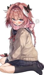  1boy astolfo_(fate) black_bow black_socks blue_sailor_collar blue_skirt blush bow braid brown_cardigan cardigan commentary_request double-parted_bangs fate/grand_order fate_(series) from_side full_body hair_between_eyes hair_bow hair_intakes highres kneehighs long_hair long_sleeves looking_at_viewer male_focus mochi_nabe multicolored_hair neckerchief open_mouth pink_hair pink_scarf plaid_clothes plaid_scarf pleated_skirt red_neckerchief sailor_collar scarf seranu sidelocks simple_background sitting skirt socks solo squiggle streaked_hair teeth trap upper_teeth_only violet_eyes wariza white_background white_hair 