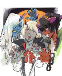  7luna blue_skin clenched_teeth colored_skin commentary_request demon_boy demon_horns fangs grey_skin gueira halloween high_collar highres horns lio_fotia meis_(promare) promare red_skin single_horn teeth white_background 