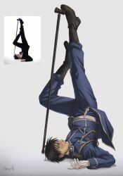  1boy artist_name black_boots black_hair blue_cape blue_jacket blue_pants boots cane cape commentary english_commentary full_body fullmetal_alchemist gloves grey_background hair_between_eyes highres jacket lying male_focus military_jacket military_uniform on_back pants parted_lips rdmmrth reference_inset roy_mustang short_hair silver_trim solo waist_cape white_gloves 