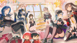  6+girls alva_(girls'_frontline_2) an-94_(girls'_frontline) balloon baseball_cap blue_eyes blue_hair blue_jacket blue_sky braid brown_hair brown_jacket cake camera champagne_flute character_doll cheyanne_(girls'_frontline_2) commander_(girls'_frontline) copyright_notice cup day doll dp-12_(girls'_frontline) drinking_glass eating female_commander_(girls'_frontline) food fork fruit gas_mask gentiane_(girls'_frontline) gift girls'_frontline_2:_exilium girls_frontline green_eyes hair_ornament happy_anniversary hat helen_(girls'_frontline_2) highres hk416_(girls'_frontline) holding holding_fork holding_plate jacket klukai_(girls'_frontline_2) leva_(girls'_frontline_2) looking_at_viewer m200_(girls'_frontline) mask mechanical_arms multiple_girls off_shoulder on_floor plate pleated_skirt ponytail prosthesis prosthetic_arm red_eyes scar scar_across_eye scar_on_face sitting skirt sky smile strawberry thigh-highs ump45_(girls'_frontline) window 