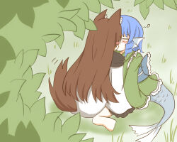  2girls animal_ear_fluff animal_ears black_trim blue_hair blue_sash blush blush_stickers brown_hair bush closed_eyes commentary deformed dress drill_hair drill_sidelocks fins frilled_kimono frills from_behind grass green_background green_kimono head_fins heart highres imaizumi_kagerou japanese_clothes kimono kiss layered_kimono leaf long_hair long_sleeves medium_hair mermaid monster_girl motion_lines multiple_girls no_shoes noutaru_(masayaichinl) obi sash sidelocks sitting tail touhou wakasagihime wariza white_dress wide_sleeves wolf_ears wolf_girl wolf_tail yuri 