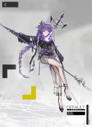  1girl absurdres alternate_costume alternate_universe arknights braid chinese_commentary closed_mouth commentary_request crossed_legs crossover drawing_sword electricity english_text engulfing_lightning_(genshin_impact) floating full_body genshin_impact glowing glowing_sword glowing_weapon grey_background hair_ornament highres holding holding_sword holding_weapon human_scabbard katana kelun long_braid long_sleeves mole mole_under_eye musou_isshin_(genshin_impact) purple_hair raiden_shogun reference_sheet see-through_clothes side_slit single_braid skirt solo sword sword_between_breasts violet_eyes weapon wide_sleeves 