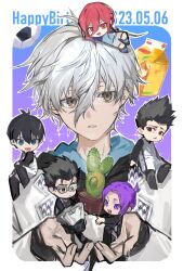  2023 5boys ball barou_shouei black_bodysuit black_eyes black_hair black_hoodie black_shirt black_shorts blue_eyes blue_lock bodysuit box brown_eyes chibi chigiri_hyoma choki_(blue_lock) commentary_request drink drink_carton glasses hair_up hakuho_high_school_uniform hands_up happy_birthday highres holding holding_box hood hood_down hoodie isagi_yoichi juice_box long_hair looking_to_the_side male_focus manshine_city_soccer_uniform messy_hair mikage_reo multiple_boys nagi_seishirou open_mouth purple_hair red_eyes red_hair school_uniform shirt short_hair shorts simple_background sitting sitting_on_head sitting_on_person sitting_on_shoulder smile soccer_ball soccer_uniform solo solo_focus sparkle sportswear tsurugi_zantetsu violet_eyes white_shirt ysokzo 