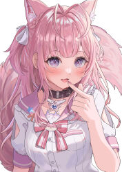 1girl :3 absurdres animal_ear_fluff animal_ears antenna_hair belt blush breasts choker collar collarbone commentary_request fang finger_to_mouth frilled_sailor_collar frills hair_ornament hair_ribbon hairclip hakui_koyori hakui_koyori_(school_uniform) heart heart_hair_ornament highres hololive index_finger_raised kokoro_(hakui_koyori) long_hair looking_at_viewer medium_breasts nail_polish official_alternate_costume official_alternate_hairstyle open_mouth pink_hair pink_sailor_collar plaid_clothes plaid_skirt purple_belt purple_choker purple_collar purple_nails purple_skirt ribbon sailor_collar sasamin school_uniform serafuku shirt skirt smile solo star_ornament striped_ribbon tail two_side_up upper_body violet_eyes virtual_youtuber white_background white_shirt wing_collar wolf_ears wolf_girl wolf_tail 