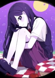  06ori 1girl :3 absurdres apple bare_arms bare_legs basket black_border blurry blurry_foreground border bug closed_mouth collared_shirt colored_skin commentary_request food foot_out_of_frame fruit grass hair_behind_ear hair_between_eyes hair_over_shoulder highres hugging_own_legs knees_up leaning_forward long_hair mari_(headspace)_(omori) mari_(omori) mary_janes medium_skirt neckerchief omori on_ground outdoors outline picnic_basket picnic_blanket pleated_skirt purple_hair purple_shoes purple_skirt purple_sky purple_sweater_vest red_neckerchief round_border shirt shoes short_sleeves sideways_glance sideways_mouth simple_background sitting skirt sky solo sparkle spider straight_hair sun sweater_vest swept_bangs tareme very_long_hair violet_eyes white_outline white_shirt white_skin 