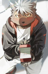  1boy alternate_costume black_jacket blush commentary_request dog_boy furry furry_male highres jacket jewelry looking_at_viewer male_focus marriage_proposal necklace on_one_knee open_mouth pants pawpads pov red_eyes ring solo tadatomo_(housamo) tokyo_afterschool_summoners wedding_ring white_hair white_pants yano_(zri_088) 